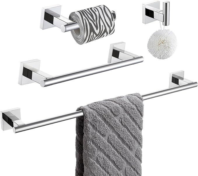 Suyar Bathroom Accessories Set Polished Chrome, Bathroom Hardware Set | Include Robe Hook, Toilet Paper Holder, Hand Towel Holder, Towel Bar, SUS304 Stainless Steel, Wall Mounted