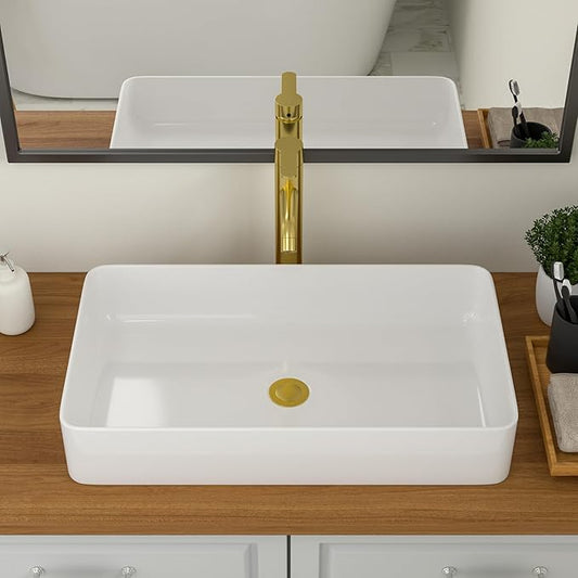 Logmey 24" Bathroom Sink Dorp in 24x14 Large White Vessel Sink for Bathroom Porcelain Rectangule Ceramic Modern Countertop Above Counter Bathroom Vanity Sink Art Basin