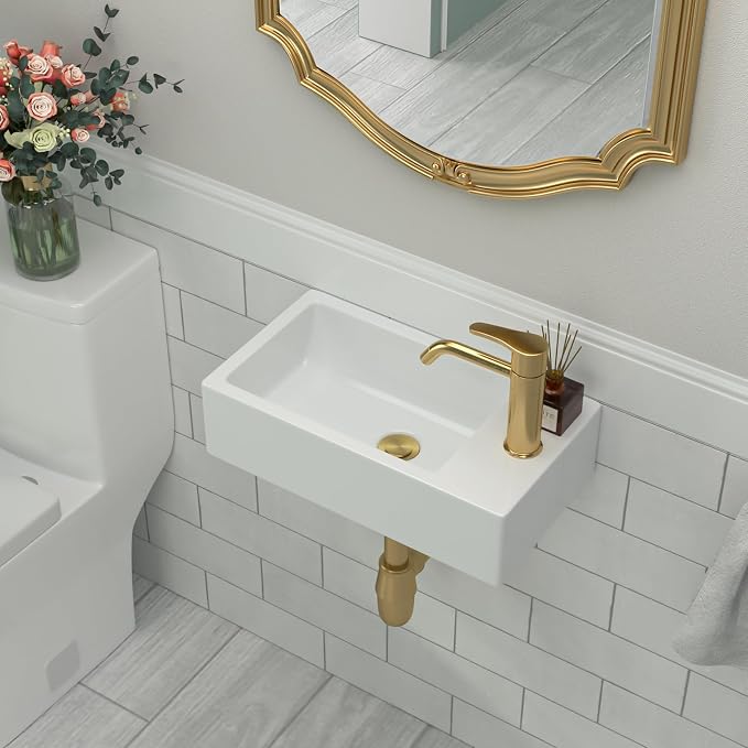 Wall Mount White Ceramic Bathroom Sink | Beslend 18x10 Small Wall Mounted Rectangle Sink White Porcelain Sink with Single Faucet Hole Wall Hung Hand Wash Art Basin