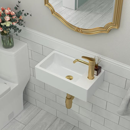 Wall Mount White Ceramic Bathroom Sink | Beslend 18x10 Small Wall Mounted Rectangle Sink White Porcelain Sink with Single Faucet Hole Wall Hung Hand Wash Art Basin