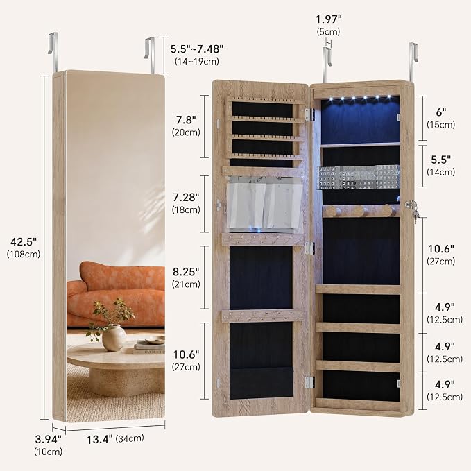 HNEBC Jewelry Cabinet with Lights,Wall Mounted Jewelry Organizer with Full-Length Mirror,Over The Door Hanging Jewelry Armoire Storage Cabinet,Lockable,Gift Idea-Brown