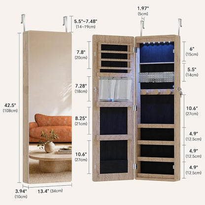HNEBC Jewelry Cabinet with Lights,Wall Mounted Jewelry Organizer with Full-Length Mirror,Over The Door Hanging Jewelry Armoire Storage Cabinet,Lockable,Gift Idea-Brown
