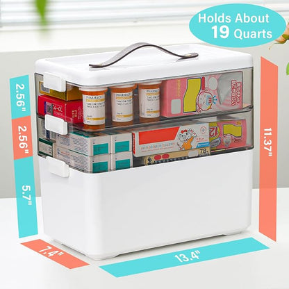 Homaigie Extra Tall 3-Tier Medicine Cabinet Organizer for Medicine Bottles Organizer, Portable Medicine Storage Box with Leather Handle, Empty First Aid Kit Container for Home, Classroom