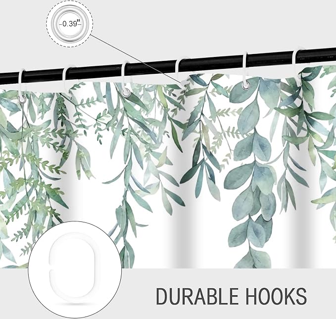 Botanical Shower Curtains, Watercolor Eucalyptus Leaf Plant Green Bathroom Curtain for Bathtub Home Decoration Waterproof Fabric Machine Washable with 12 Hooks
