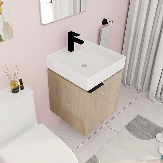 18" Bathroom Vanity with Sink, 18 Inch Floating Bathroom Vanity for Small Space, Modern Bathroom Vanity, Brown Wall Mounted Cabinet Set