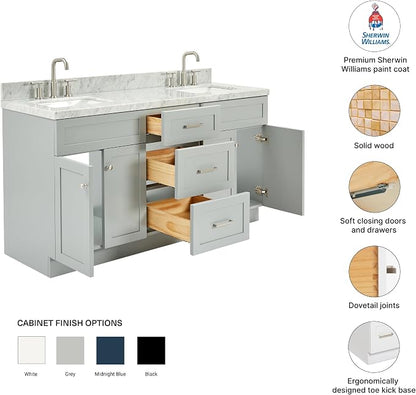 Bradford 66" Grey Double Bathroom Vanity with Sink, 1.5" Edge Italian Carrara Marble Countertop, Rectangular Undermount Sinks, 2 Soft Closing Doors, 3 Dovetail Drawers, Brushed Nickel