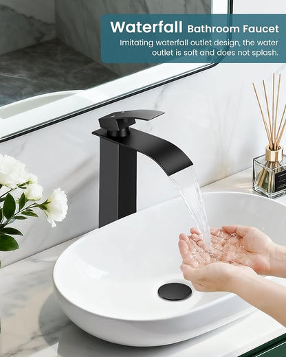 Black Waterfall Bathroom Faucet Single Handle Vessel Sink Faucet | Certified NSF cUPC DOE CEC SUS304 steel.waterfall spout,Bathroom Sink Fauce 1 hole,Pop-up Drain,Fits vanity,Bar sink