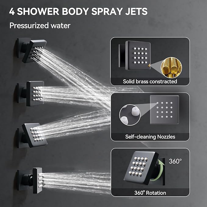 Shower System with Body Jets, Bostingner Four Modes Shower Faucet Sets with Handheld Spray 2 Ways, 4Pcs Shower Body Jets in Wall,10"+6" Rain Shower Head, Matte Black Shower Sets Complete