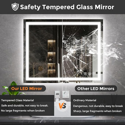 Koonmi 40x32 LED Bathroom Mirror with Light, Anti-Fog, 3 Colors | Backlit + Front Lit, Dimmable Brightness, Shatterproof HD Distortion-Free Tempered Glass, Hardware Included
