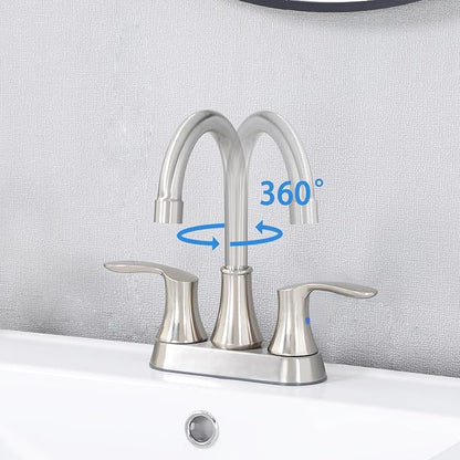 Friho 4 Inch Centerset Bathroom Faucet 2 Pack, 3 Hole Brushed Nickel Lead-Free 2-Handle RV Commercial Vanity Faucet with Drain Stopper & Supply Hoses