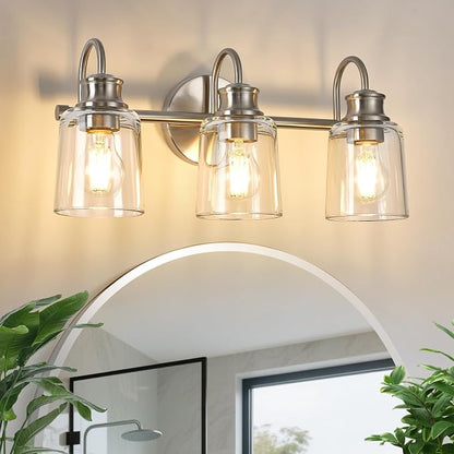 3 Lights Bathroom Light Fixtures Brushed Nickel Vanity Lights | ETL Certificate, Easy to Install,Wall Mount Up or Down,Thickened Glass Lampshade,E26 Socket,Hardwired