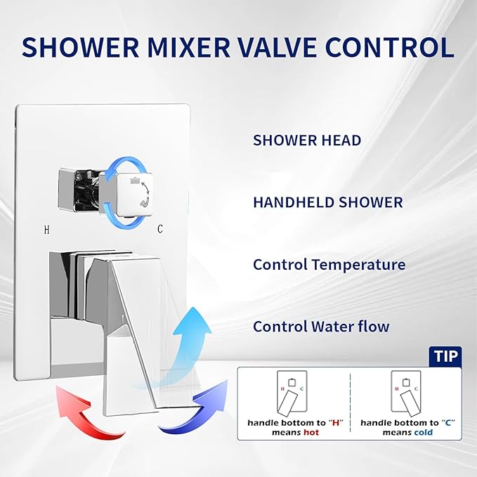 BWE 10 Inch Square Bathroom Luxury Rain Mixer Shower Combo Set Wall Mounted Shower Kit Rainfall Shower Head System Polished Chrome Shower Faucet Rough-in Valve Body and Trim Included