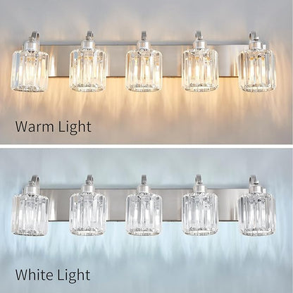 Modern Crystal Bathroom Vanity Light 5 Light Brushed Nickel Vanity Lighting Over Mirror Bathroom Wall Lighting Fixtures with Round Shade (Exclude Bulb)