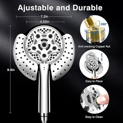 2 in 1 Shower Head with Handheld Combo High Pressure Silver 1.8 GPM | 7.2" Rain Showerhead and 10 Spray Hand Held Shower, Adjustable Shower Angle, 59-inch Rotatable Stainless Steel Hose