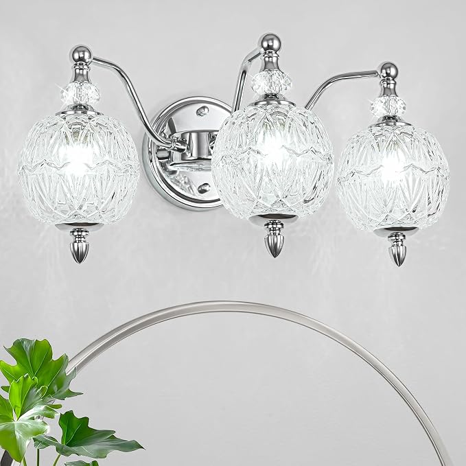 Brushed Chrome Bathroom Vanity Light, 3-Light Mid Century Modern Brushed Chrome Finish Wall Sconce with Globe Glass Shades, Modern Mirror Light for Bathroom, Powder Room