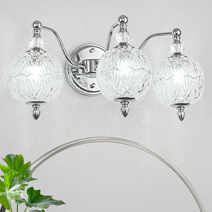 Brushed Chrome Bathroom Vanity Light, 3-Light Mid Century Modern Brushed Chrome Finish Wall Sconce with Globe Glass Shades, Modern Mirror Light for Bathroom, Powder Room