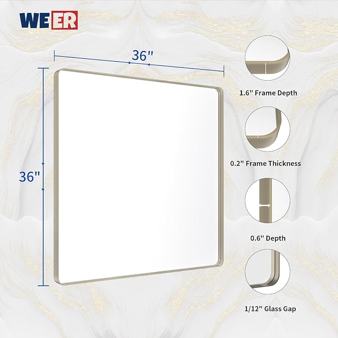 WEER Brushed Nickel Bathroom Mirror 36X36 Inch | Silver Metal Framed Vanity Mirror, Rounded Rectangle, Tempered Glass, Anti-Rust, Hangs Horizontally or Vertically