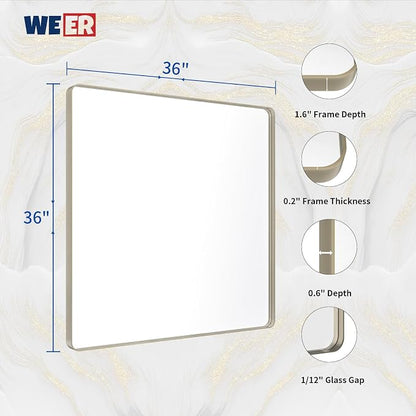 WEER Brushed Nickel Bathroom Mirror 36X36 Inch | Silver Metal Framed Vanity Mirror, Rounded Rectangle, Tempered Glass, Anti-Rust, Hangs Horizontally or Vertically