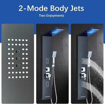 Shower Tower Panel System with LED Rainfall Shower Head, Stainless Steels Shower Tower System 2-in-1 Body Jets,Handheld Showerhead,Bathtub Filler Black-8127
