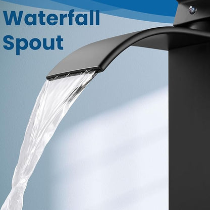 Airuida Matte Black Waterfall Bathroom Faucet, Single Handle Single Hole Bathroom Sink Faucet Deck Mount Mixer Tap with Deck Plate, Rv Lavatory Vanity Washbasin Faucet