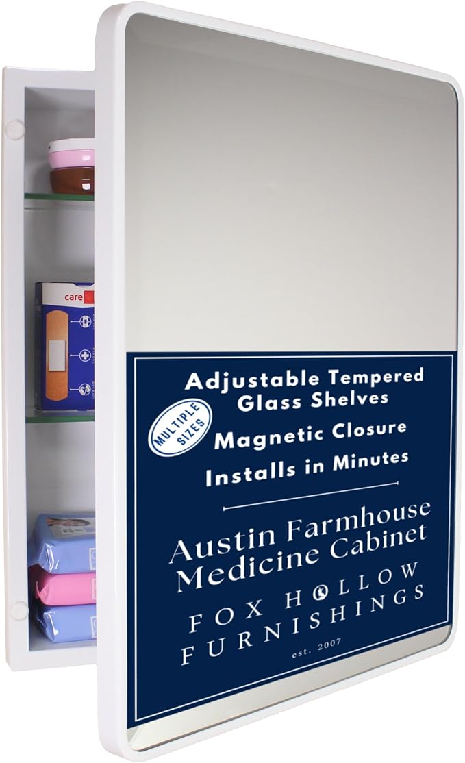 16x20 Austin Farmhouse Metal Framed Rounded Rectangle Recessed Bathroom Medicine Cabinet, Beveled Mirror, 14x18 in-Wall Opening, powder-coated Steel, Adjustable Glass Shelves, Magnet Close, White