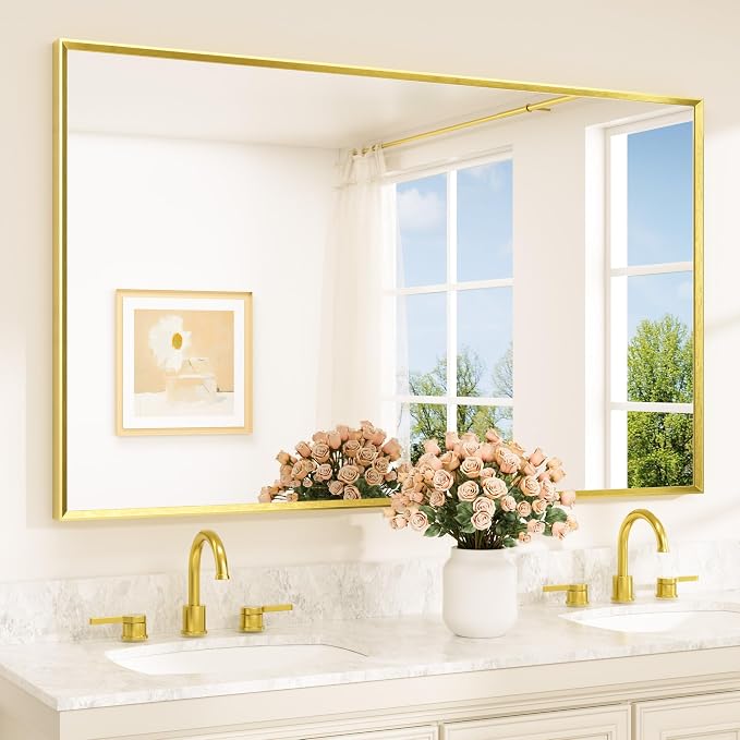 Brushed Gold Mirror Beveled Frame 60" x 36" Large Brass Gold Rectangle Bathroom Vanity Wall Mirror for Over Sink, Modern Farmhouse, Tempered Glass, Shatterproof, Stronger Frame