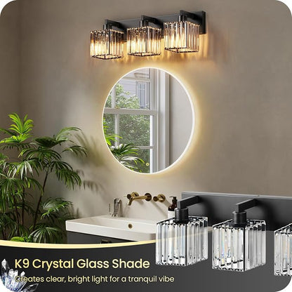 Modern Crystal Vanity Light, 3-Light Bathroom Light Fixture, 22" Square Vanity Lighting Fixture, E26 Base, Bulbs Not Included, for Bathroom,Vanity Light Over Mirror, Hallway,Black B06BD05W1