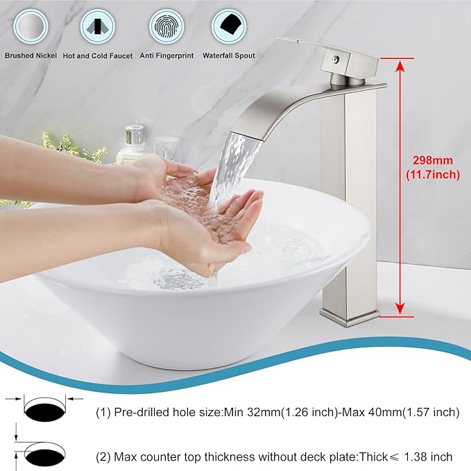 Midanya Waterfall Spout Bathroom Faucet Single Handle 1 Hole Bathroom Sink Faucet,Modern RV Lavatory Vanity Basin Tap with Water Hose,No Drain,Tall Body,Brushed Nickel