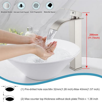 Midanya Waterfall Spout Bathroom Faucet Single Handle 1 Hole Bathroom Sink Faucet,Modern RV Lavatory Vanity Basin Tap with Water Hose,No Drain,Tall Body,Brushed Nickel