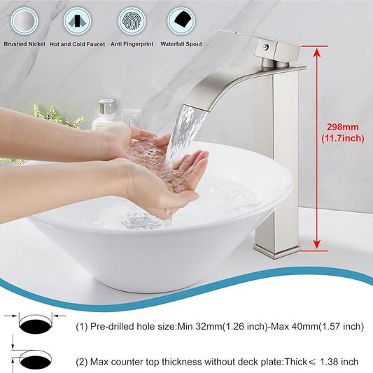 Midanya Waterfall Spout Bathroom Faucet Single Handle 1 Hole Bathroom Sink Faucet,Modern RV Lavatory Vanity Basin Tap with Water Hose,No Drain,Tall Body,Brushed Nickel