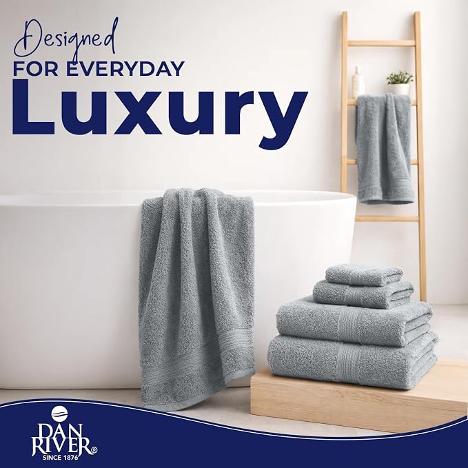 DAN RIVER 8 Piece Luxury Bath Towels for Bathroom, Towel Set, Silver | 2 Bath towels, 2 Hand towels, and 4 Wash Cloths, 600 GSM 100% Ring Spun Cotton, Highly Absorbent, Gym, Hotel, guest, and Spa
