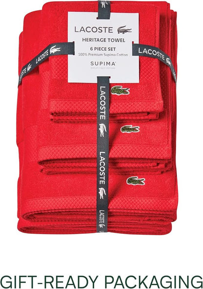 Lacoste Heritage Anti-Microbial Supima Cotton 6-Piece Towel Set, 2 Bath Towels, 2 Hand Towels, 2 Washcloths, Formula 1 – Highly Absorbent & Quick Drying, Bathroom Essential, Machine Washable