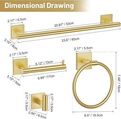 TURS 5-Pieces Brushed Gold Bathroom Hardware Set 23.6 Inch SUS304 Stainless Steel Towel Bar Set Wall Mounted Bathroom Accessories Set