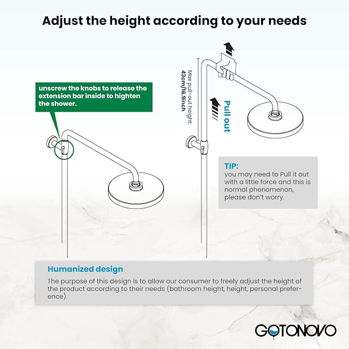 gotonovo Exposed Shower System with Shelf and Tub Spout,Brushed Nickel | Bathroom Shower Faucet Set with Shelf,8’’ Rain Head with Handheld Spray,2 Cross Handle,6’’ Hole Distance,Adjustable Height