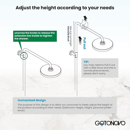 gotonovo Exposed Shower System with Shelf and Tub Spout,Brushed Nickel | Bathroom Shower Faucet Set with Shelf,8’’ Rain Head with Handheld Spray,2 Cross Handle,6’’ Hole Distance,Adjustable Height