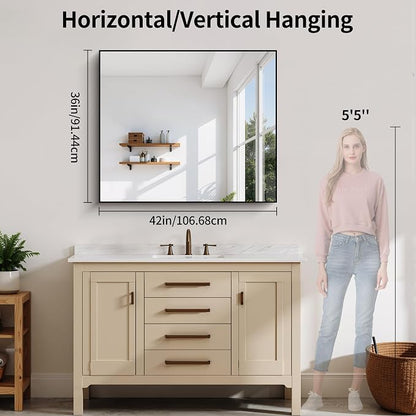 YIROMAN Bathroom Mirror 36"x42",Black Bathroom Mirrors for Over Sink with Aluminum Frame, Rectangular Vanity Mirror with Right Angle, Wall Mirror for Oversink, Vanity, Bedroom, Living Room