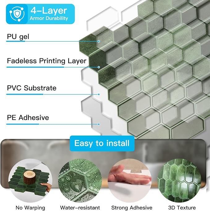 Art3d Hexagon Tile Peel and Stick Backsplash, 10-Pack, 12 x 12 Inch, Green | Superior Thickness, Reliable Adhesion, Warp Resistant, Minimalist Style, Easy to Install, for Kitchen Countertops, Bedroom