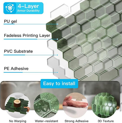 Art3d Hexagon Tile Peel and Stick Backsplash, 10-Pack, 12 x 12 Inch, Green | Superior Thickness, Reliable Adhesion, Warp Resistant, Minimalist Style, Easy to Install, for Kitchen Countertops, Bedroom