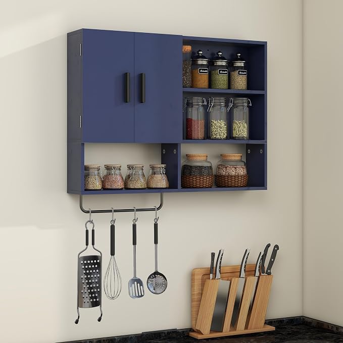 Bathroom Wall Cabinet with Towel Bar & 2 Doors, Blue | Wall mounted cabinet for bathroom, over the toilet storage with multiple compartments organize toiletries, cosmetics