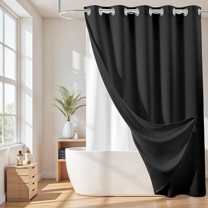 River Dream Cotton Blend No Hook Shower Curtain with Liner, Black, 71x74 | with Snap in Liner, Heavyweight Waffle Fabric, Hotel Grade for Bathroom, Water Repellent, Corner Magnets, Machine Washable