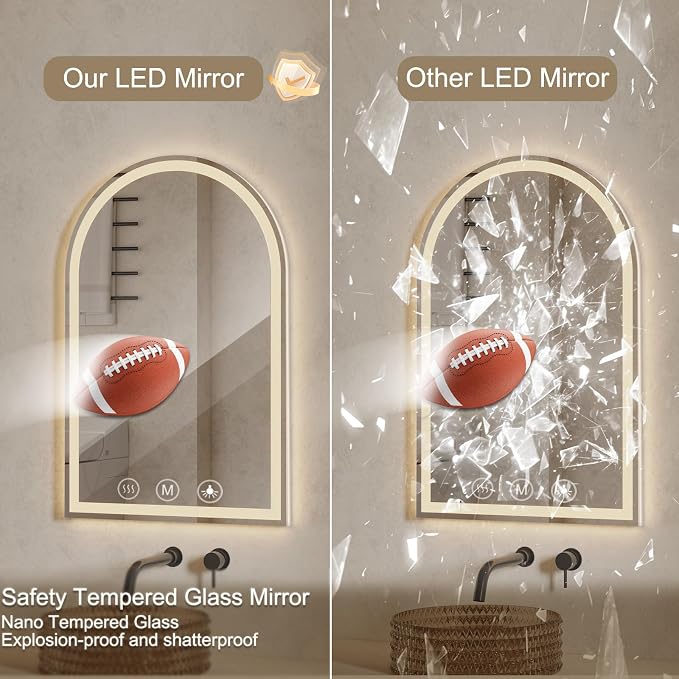 Arched LED Bathroom Mirrors with Lights 30"x48" LED Mirror for Bathroom,Led Vanity Mirror, Anti-Fog,LED Mirrors with Light, Anti-Fog, Dimmable, 3 Color, Shatterproof, Touch Sensor