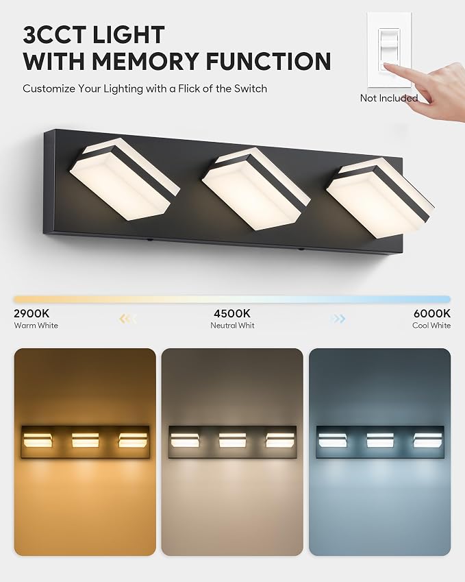 VONLUCE LED Modern Bathroom Vanity Light Fixture, Matte Black | 18'', 3-Light, 3CCT, 360° Rotate, High CRI, Flicker-free, Dimmable, Memory Function, Waterproof IP44, Easy Installation