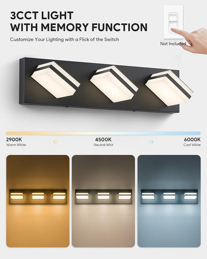 VONLUCE LED Modern Bathroom Vanity Light Fixture, Matte Black | 18'', 3-Light, 3CCT, 360° Rotate, High CRI, Flicker-free, Dimmable, Memory Function, Waterproof IP44, Easy Installation