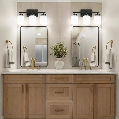 PARTPHONER 3-Light Matte Black Bathroom Light Fixtures, Modern Vanity Light Over Mirror Lighting, Wall Sconce with Frosted Milky White Glass Shades for Bedroom Living Room Kitchen Hallway