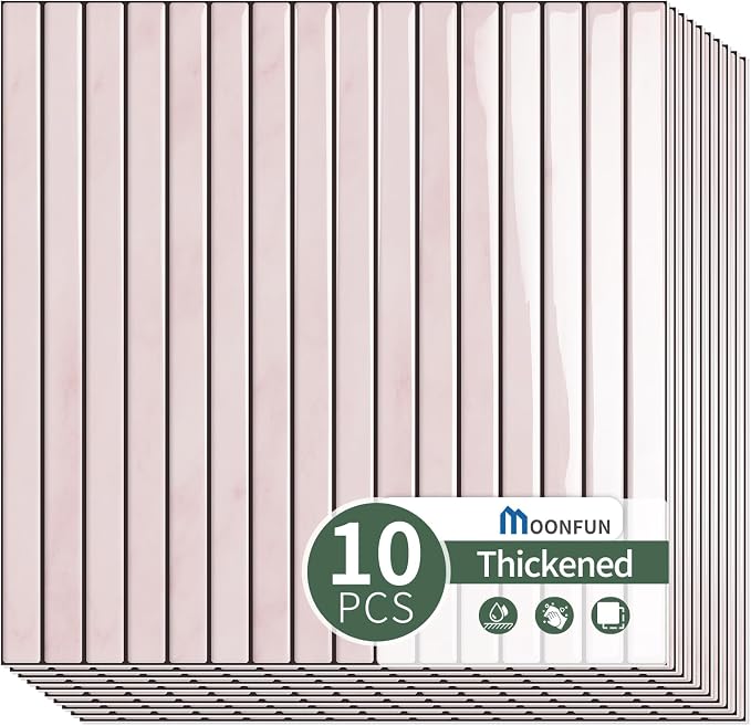 10-Sheet Upgraded Thick Peel and Stick Kitchen Backsplash Tiles | Waterproof Premium Self-Adhesive Wall Tile Stick on Backsplash for Kitchen,Bathroom and Fireplace(Pink,12"×12")