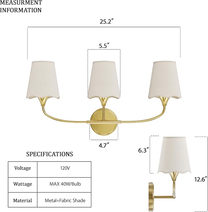 Morauroral Bathroom Light Fixtures, 3 Light Gold Vanity Light for Bathroom, Modern Sconce Wall Light with Scalloped Linen Fabric Shade, Rustic Vanity Light Fixtures for Mirror, Living Room(ETL Listed)