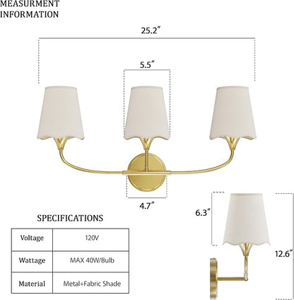 Morauroral Bathroom Light Fixtures, 3 Light Gold Vanity Light for Bathroom, Modern Sconce Wall Light with Scalloped Linen Fabric Shade, Rustic Vanity Light Fixtures for Mirror, Living Room(ETL Listed)
