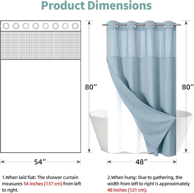 eachope No Hook Waffle Shower Curtain with Snap-in Liner, 54x80 Inch, Teal | 230GSM waffle weave fabric, waterproof liner set with 2 bottom magnets, mesh window, washable, for shower stalls or bathrooms