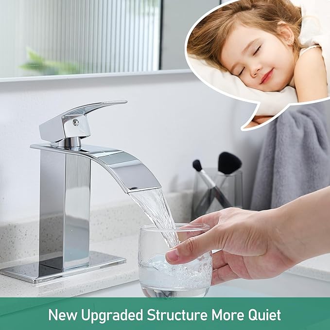 Chrome faucet with water flowing into a glass, inset of a child sleeping, text 'New Upgraded Structure More Quiet'.