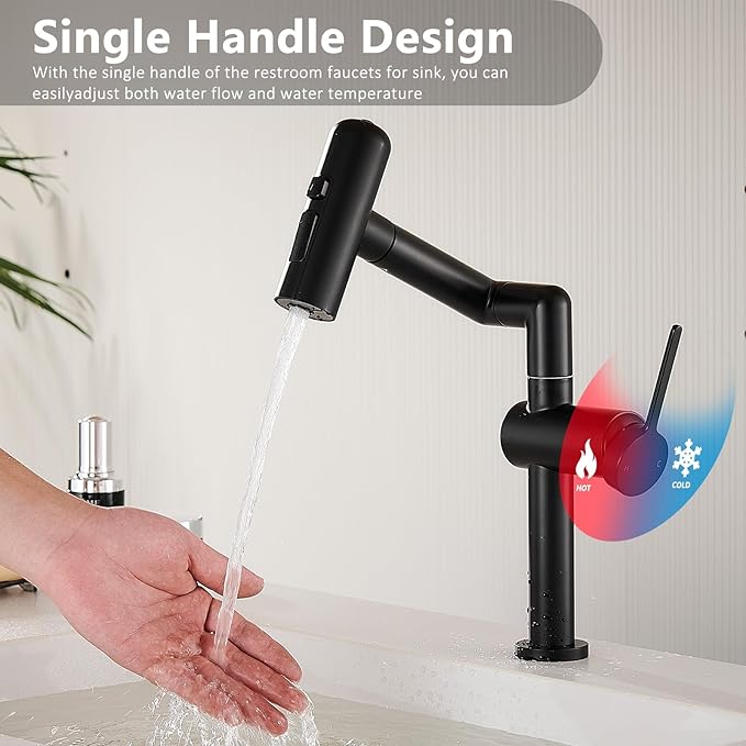 360°Rotatable Bathroom Faucet, 1 Hole Single Handle Bathroom Faucet, Bathroom Sink Faucet with 4 Water Outlet Modes for Kitchen Rv Bath Lavatory Sink, Matte Black
